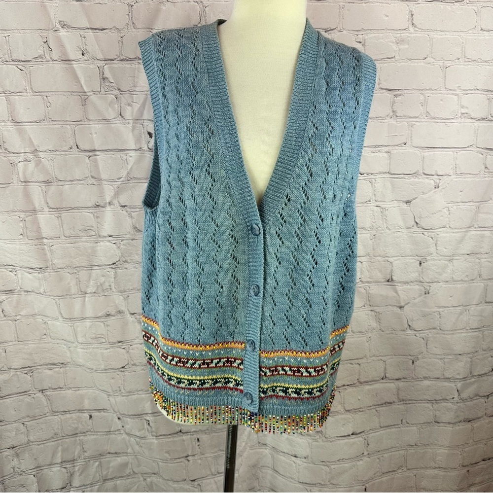 vtg nipon studio Blue Knit Sweater Vest beaded Multicolor Trim womens L boho